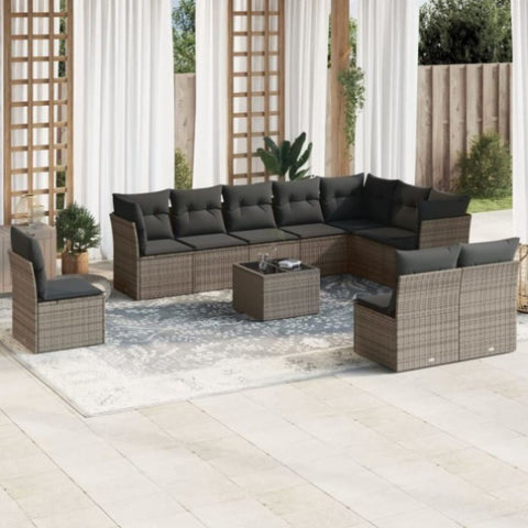 ZNTS 11 Piece Garden Sofa Set with Cushions Grey Poly Rattan 3217810