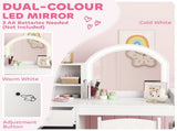Kids Vanity Table and Chair Set, Girls Dressing Table with 2-Colour LED Mirror, Stool, Cabinet, T3398P552692