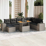 ZNTS 9 Piece Garden Sofa Set with Cushions Grey Poly Rattan Acacia 3327413