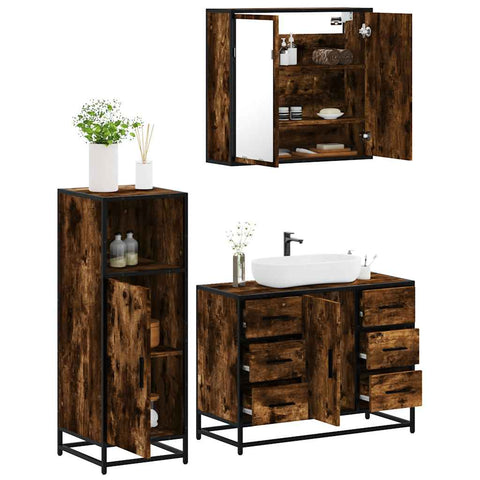 ZNTS 3 Piece Bathroom Furniture Set Smoked Oak Engineered Wood 3300962