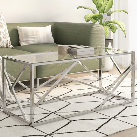 ZNTS Coffee Table Silver Stainless Steel and Tempered Glass 349937