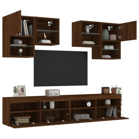 ZNTS 6 Piece TV Wall Cabinet Set with LED Lights Brown Oak 3216756