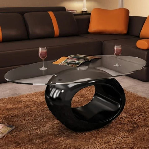 ZNTS Coffee Table with Oval Glass Top High Gloss Black 240319