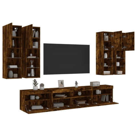 ZNTS 7 Piece TV Wall Cabinet Set with LED Lights Smoked Oak 3216775