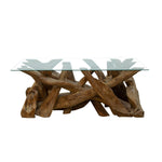 ZNTS Branchwood Teak Rectangular Coffee Table with Glass Top Reclaimed Teak Root LAW45