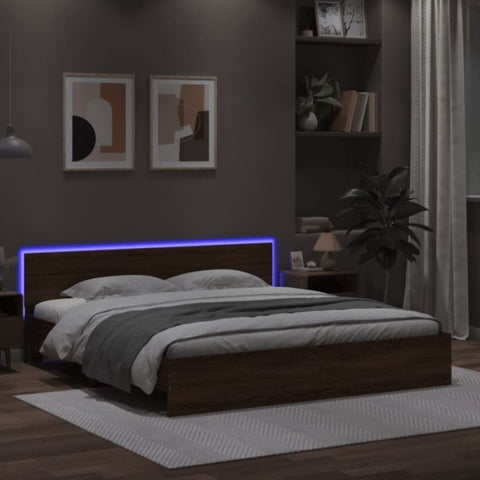 ZNTS Bed Frame with Headboard and LED Brown Oak 200x200 cm 3207587