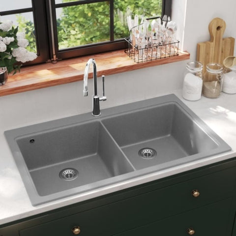 ZNTS Overmount Kitchen Sink Double Basin Granite Grey 141676