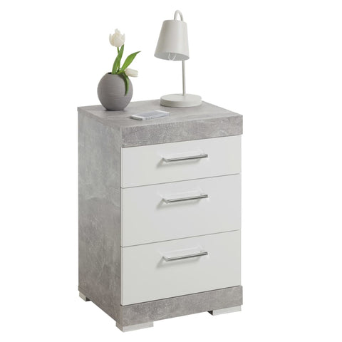 ZNTS FMD Bedside Table with 3 Drawers Concrete Grey and Glossy White 426332