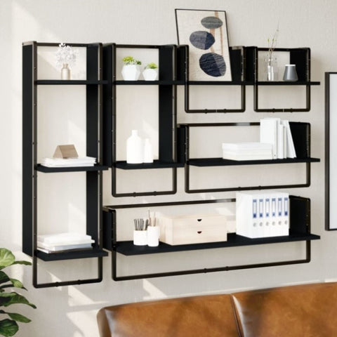 ZNTS 6 Piece Wall Shelf Set with Bars Black Engineered Wood 836313