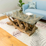 ZNTS Branchwood Teak Rectangular Coffee Table with Glass Top Reclaimed Teak Root LAW45