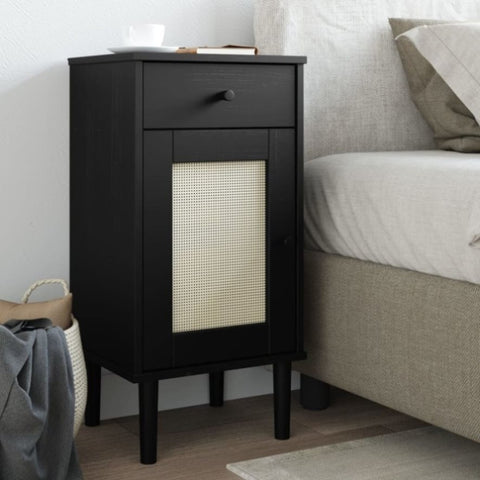 ZNTS Bedside Cabinet SENJA Rattan Look Black 40x35x80 cm Solid Wood Pine 358018