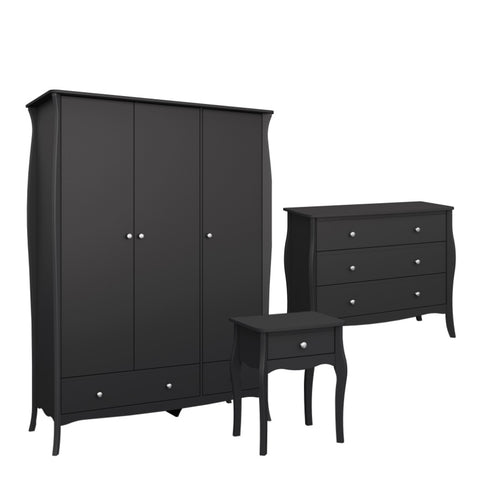 Baroque Nightstand + 3drw Wide Chest + 3dr 2 Drw Robe Black 1013760600049