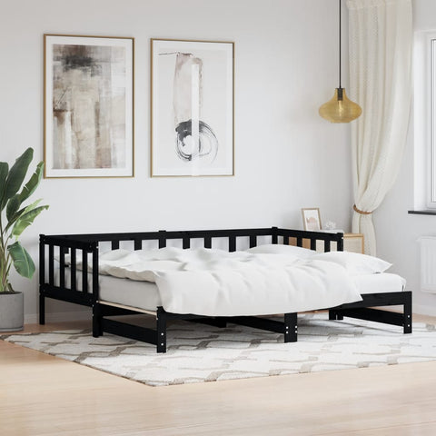 ZNTS Day Bed with Trundle without Mattress Black 90x200 cm Solid Wood 836158