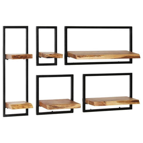 ZNTS Wall Shelf Set 5 Pieces Solid Acacia Wood and Steel 246014