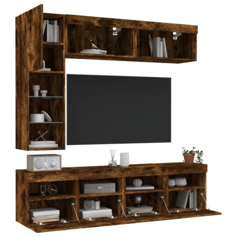 ZNTS 7 Piece TV Wall Cabinet Set with LED Lights Smoked Oak 3216761