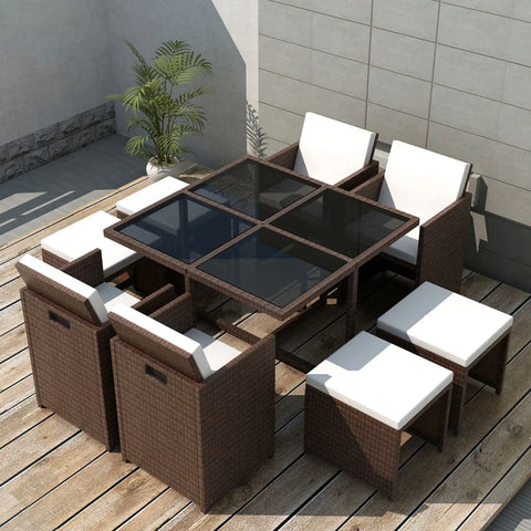ZNTS 9 Piece Outdoor Dining Set with Cushions Poly Rattan Brown 42601