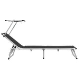 ZNTS Folding Sun Lounger with Roof Aluminium and Textilene Black 44333