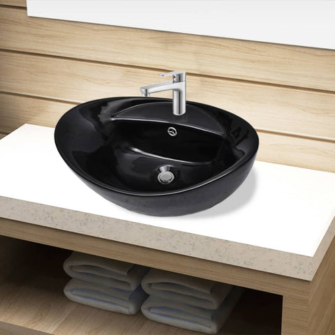 ZNTS Ceramic Bathroom Sink Basin Faucet/Overflow Hole Black Oval 141921
