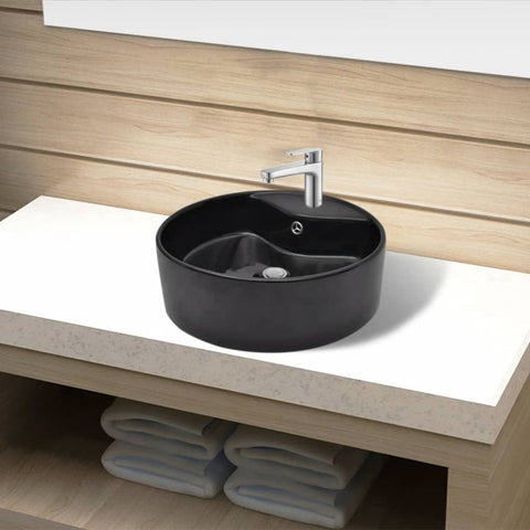 ZNTS Ceramic Bathroom Sink Basin Faucet/Overflow Hole Black Round 141939