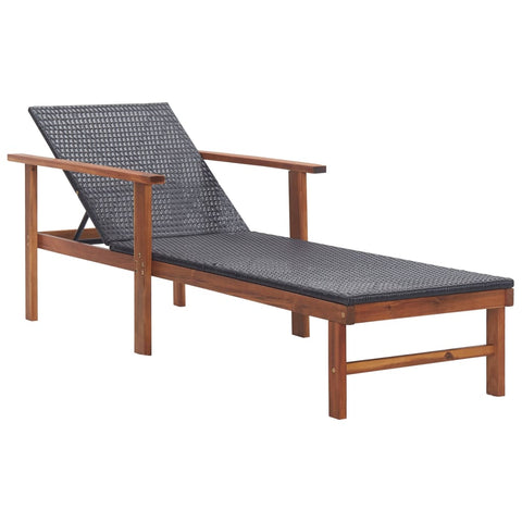 ZNTS Sun Lounger Poly Rattan and Solid Acacia Wood Black 48706