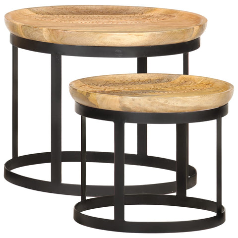 ZNTS Round Side Tables 2 pcs Solid Mango Wood and Steel 286470