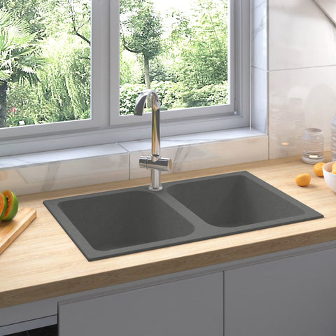 ZNTS Kitchen Sink with Overflow Hole Double Basins Grey Granite 147082