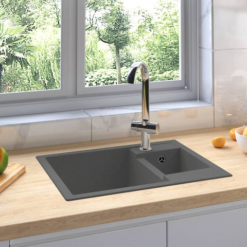 ZNTS Kitchen Sink with Overflow Hole Double Basins Grey Granite 147086