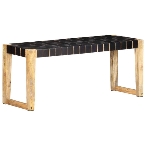 ZNTS Bench 110 cm Black Real Leather and Solid Mango Wood 321838
