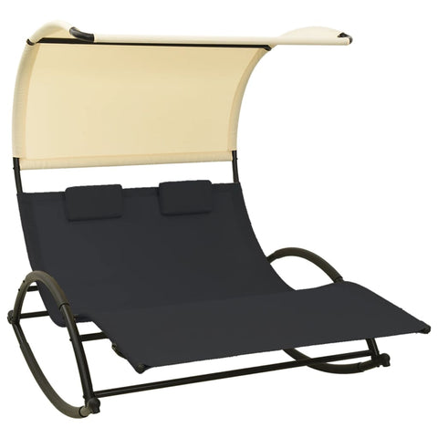 ZNTS Double Sun Lounger with Canopy Textilene Black and Cream 310547