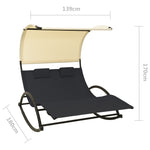 ZNTS Double Sun Lounger with Canopy Textilene Black and Cream 310547