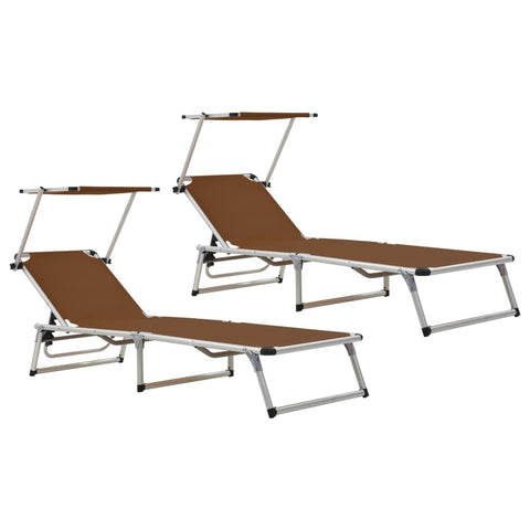 ZNTS Folding Sun Loungers with Roof 2 pcs Aluminium&Textilene Brown 312461