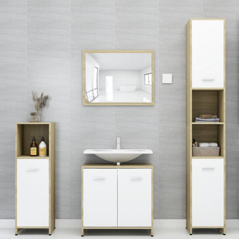 ZNTS 4 Piece Bathroom Furniture Set White and Sonoma Oak Engineered Wood 3056885
