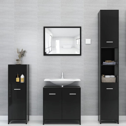 ZNTS 4 Piece Bathroom Furniture Set High Gloss Black Engineered Wood 3056887