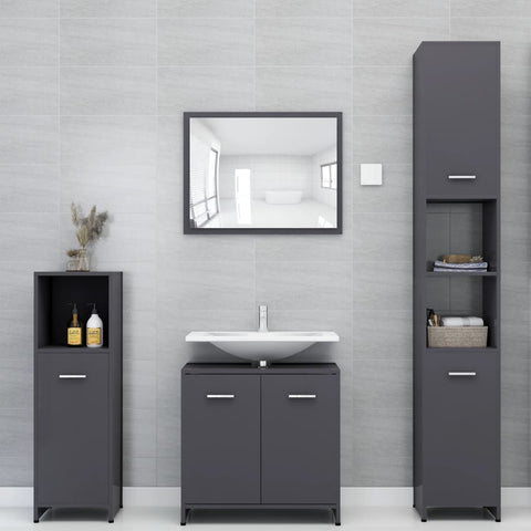 ZNTS 4 Piece Bathroom Furniture Set High Gloss Grey Engineered Wood 3056888