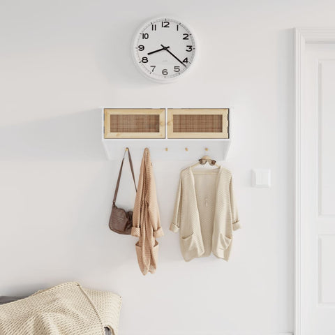 ZNTS Wall-mounted Coat Rack White Engineered Wood and Natural Rattan 345651