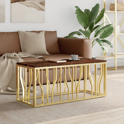 ZNTS Coffee Table Gold Stainless Steel and Solid Wood Reclaimed 350054
