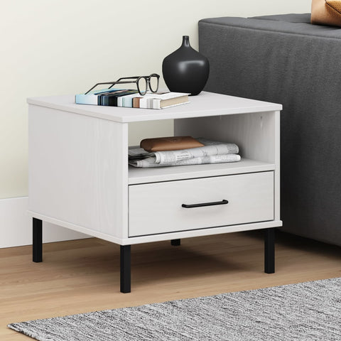ZNTS Bedside Table with Metal Legs White Solid Wood Pine OSLO 351032