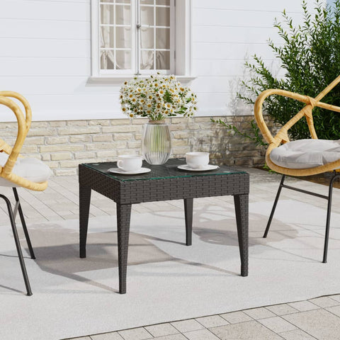ZNTS Side Table Black 50x50x38 cm Poly Rattan and Tempered Glass 319402