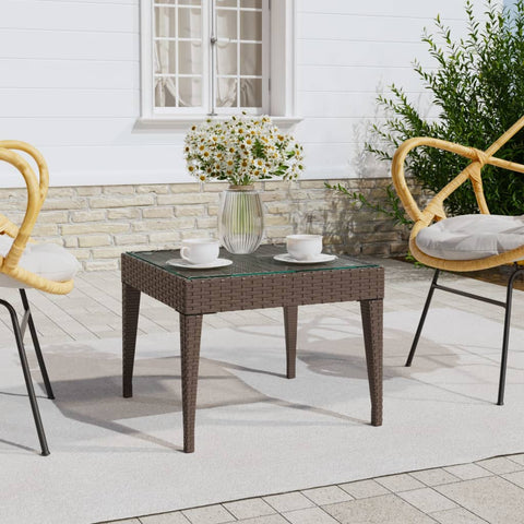 ZNTS Side Table Brown 50x50x38 cm Poly Rattan and Tempered Glass 319403