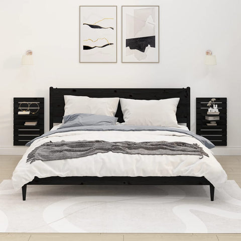 ZNTS Wall-mounted Bedside Shelves 2 pcs Black Solid Wood Pine 824767