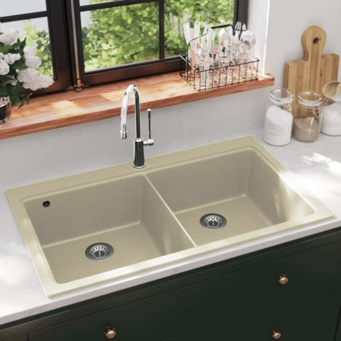 ZNTS Granite Kitchen Sink Double Basins Beige 144851