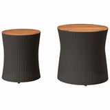 ZNTS Garden Side Tables 2 pcs with Wooden Top Black Poly Rattan 366288