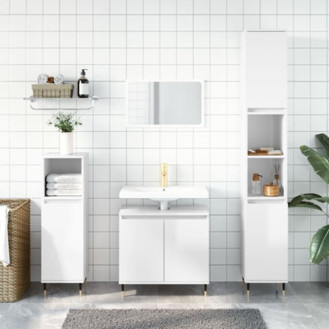 ZNTS 3 Piece Bathroom Cabinet Set High Gloss White Engineered Wood 3187783
