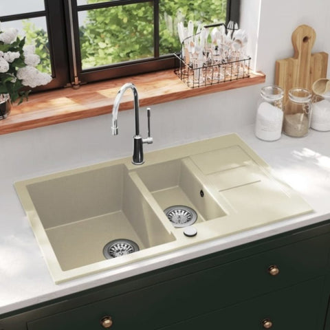 ZNTS Granite Kitchen Sink Double Basins Beige 144858