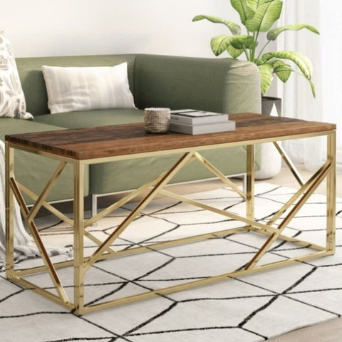 ZNTS Coffee Table Gold Stainless Steel and Solid Sleeper Wood 349942