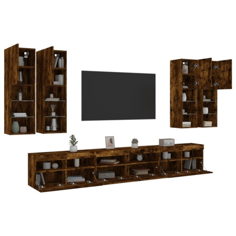 ZNTS 7 Piece TV Wall Cabinet Set with LED Lights Smoked Oak 3216782
