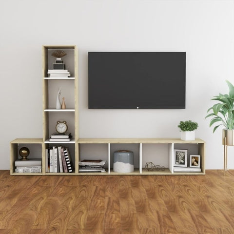 ZNTS 3 Piece TV Cabinet Set White and Sonoma Oak Engineered Wood 3079993