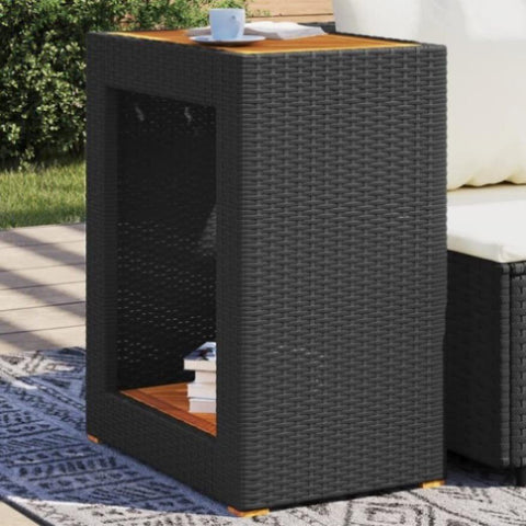ZNTS Garden Side Table with Wooden Top Black 60x40x75 cm Poly Rattan 366303