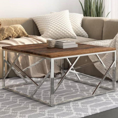 ZNTS Coffee Table Silver Stainless Steel and Solid Sleeper Wood 349949