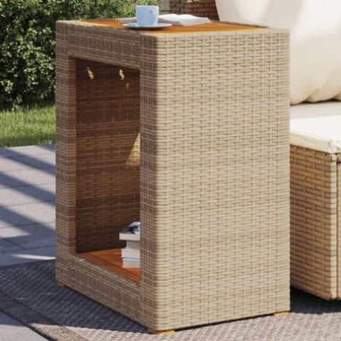 ZNTS Garden Side Table with Wooden Top Beige 60x40x75 cm Poly Rattan 366305